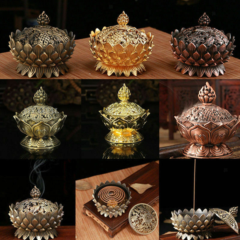 Lotus Incense Smoke Cone Aroma Burner Holder Stove Backflow Censer Bronze M