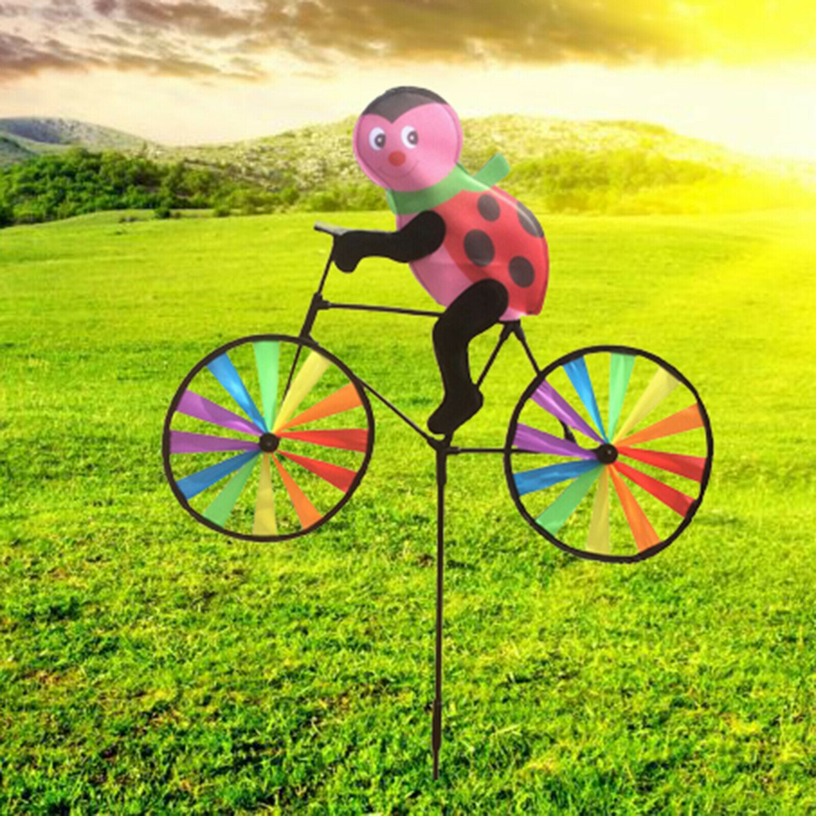 Outdoor Garden Stake Ladybird Riding Bike Windmill Wind Spinner Ornament