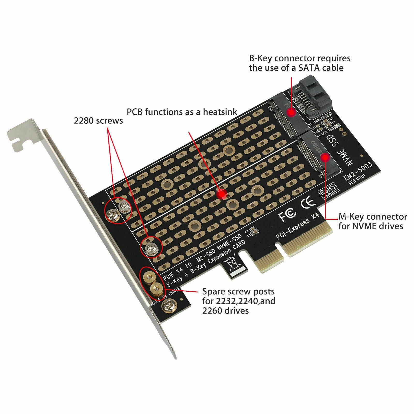 M.2 NGFF to Desktop PCIe x4 x8 x16 NVMe Dual SSD SATA PCI Express Adapter Card