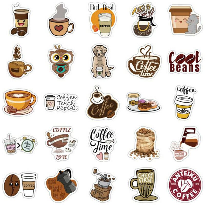 50Pc Cartoon Coffee Graffiti Stickers For Notebook Luggage Guitar PVC Sti.l8