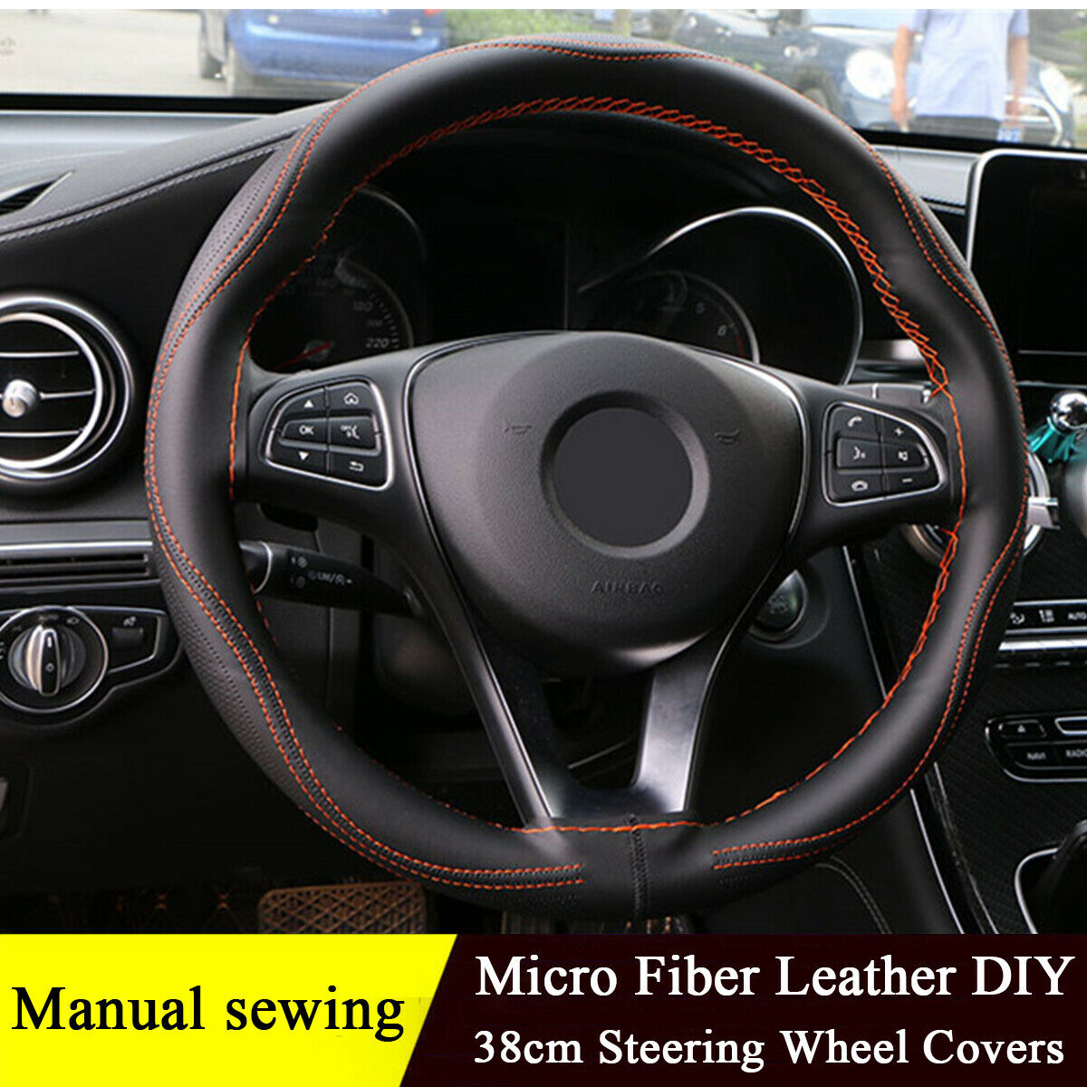 Hand sewing Micro Fiber Leather Car Steering Wheel 38cm  Universal Protector