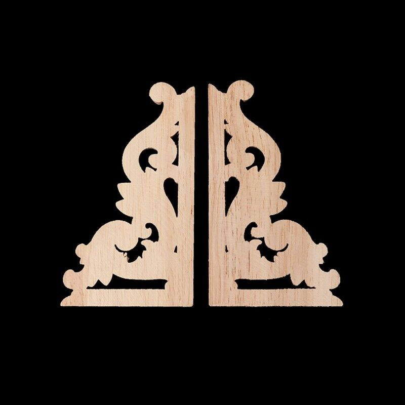 1Pair Wood Carved Corner Onlay Applique Frame Furniture Craft Unpainted Decor EE