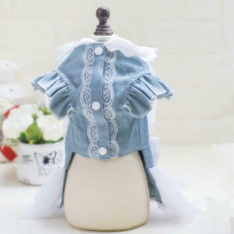 Dog Wedding Dress Denim Lace Stitch Dress Clothes Bownot Princess Skirt M