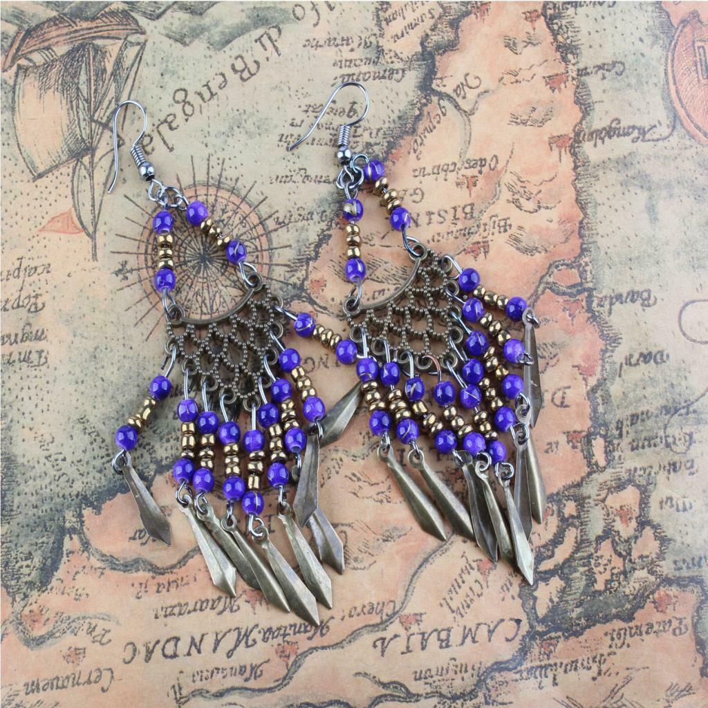 Behomia Ethnic Retro Braided Beads Leaves Tassel Fringe Hook Earrings Blue
