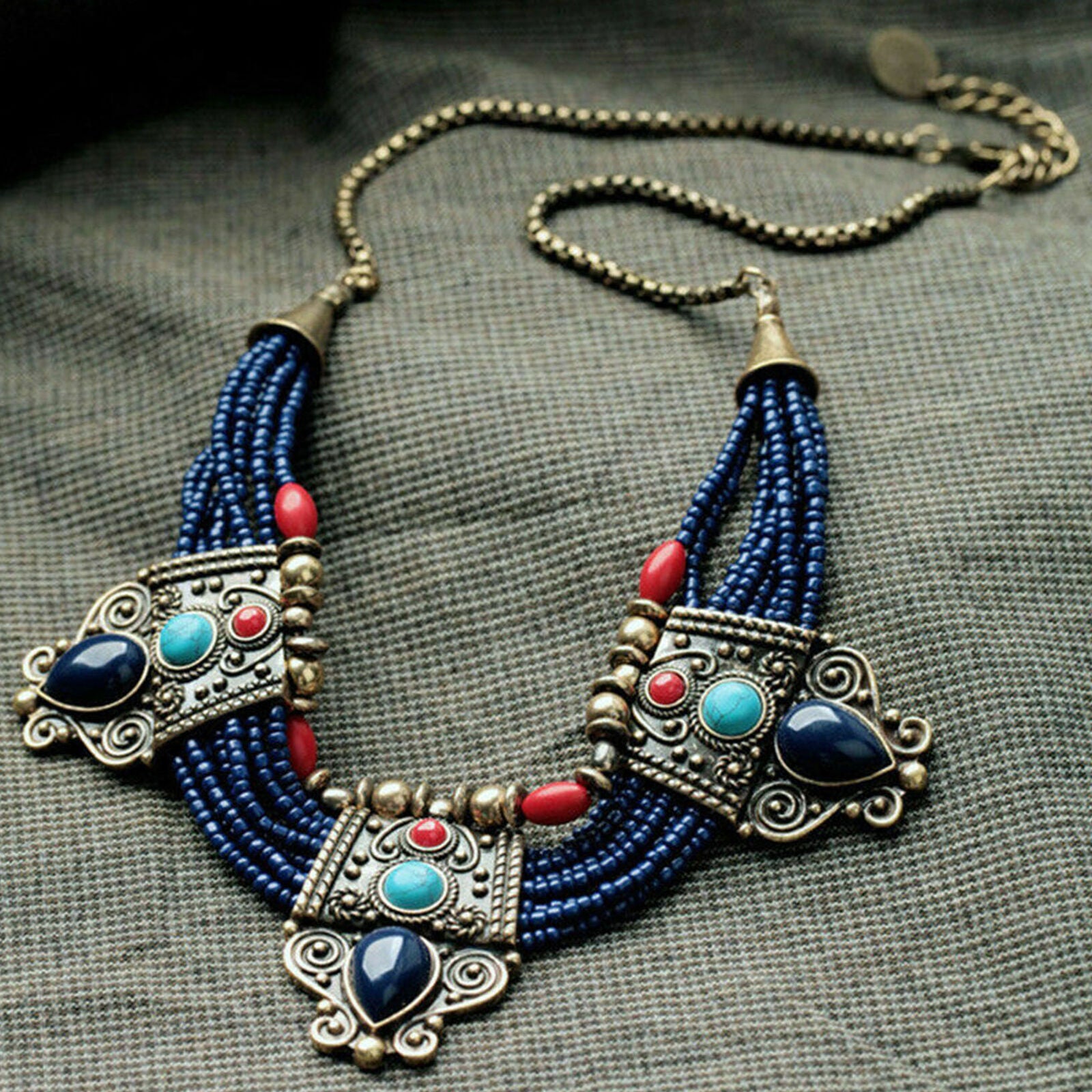 Retro Turquoise Coral Blue Bead Tibetan Necklace Lapis Stone Unique HOT