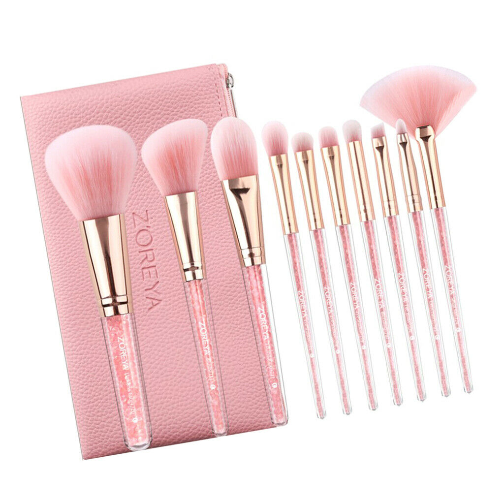 10Pcs Makeup Brushes, Acrylic Pink Rhinestone Handle, Professional Premium