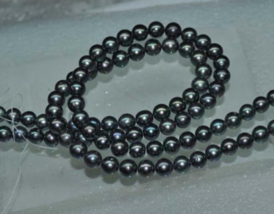 Natural 2 Strands AAA 9-10mm luster black round Tahitian pearls Loose Bead 15"