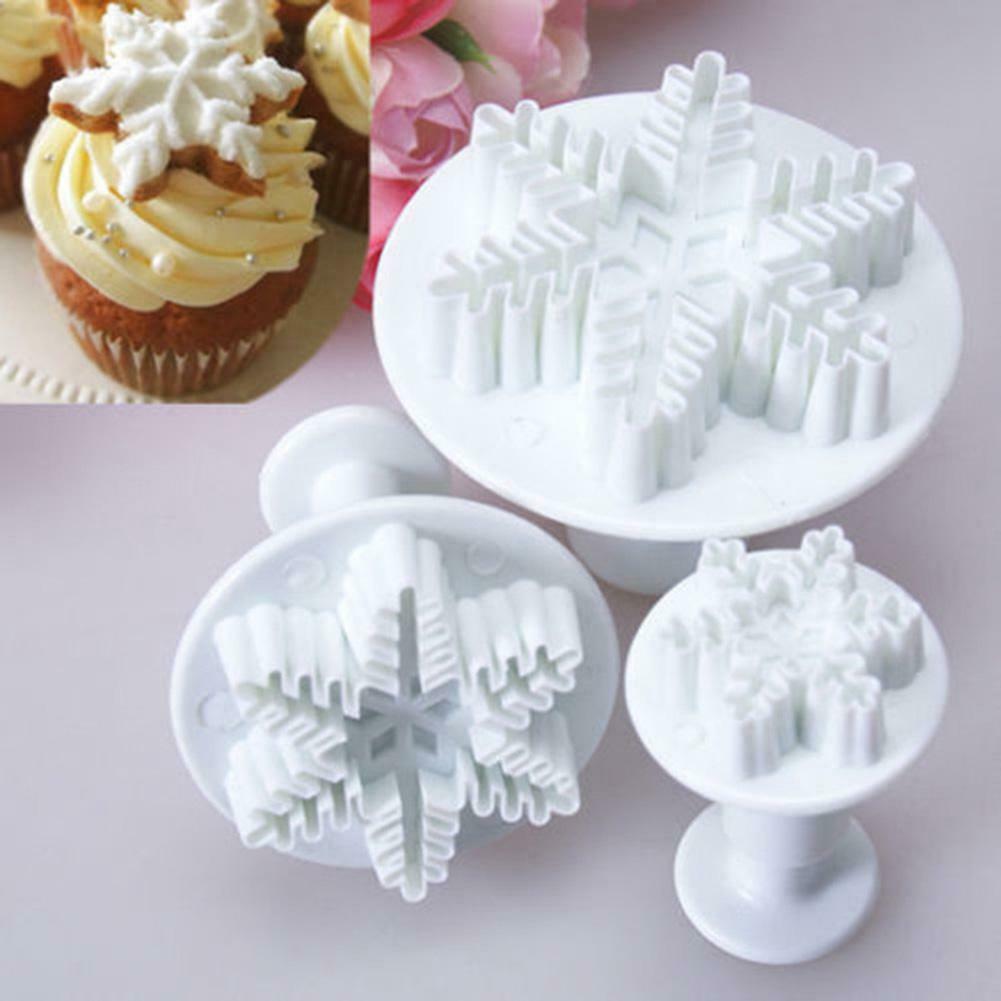 3pcs Snowflake Embossed Mould Fondant Cake Decoration Mold DIY Baking Tools @