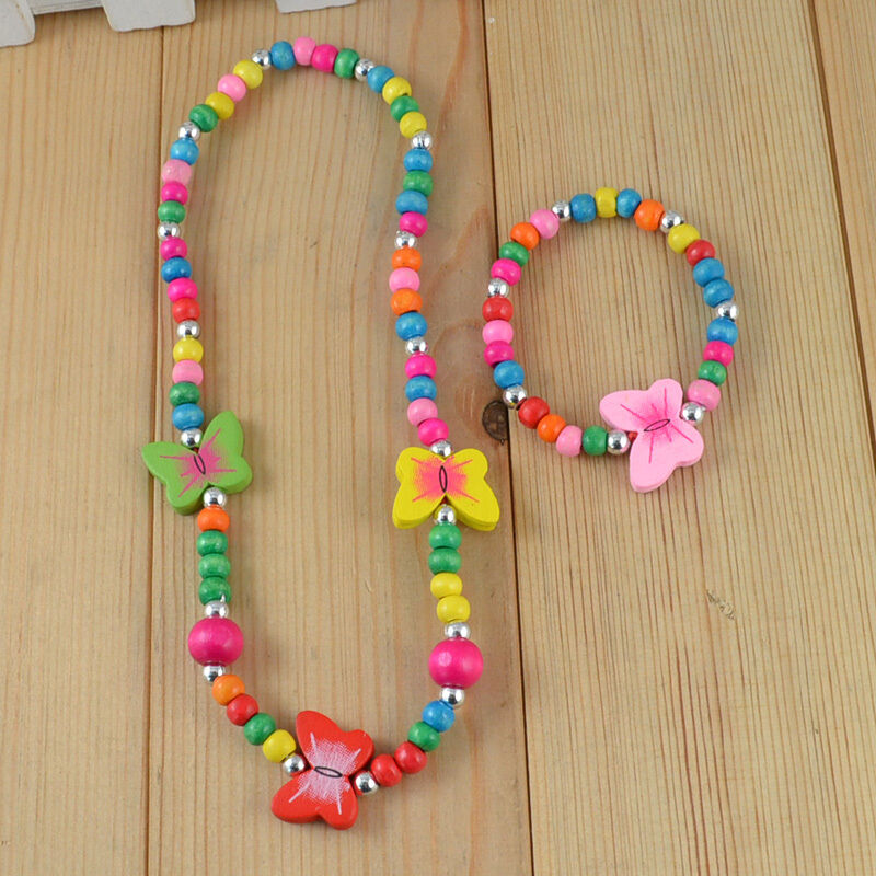 Children Jewelry Girl ButterFly Wood Beaded Necklace Bracelet Set Gift Xmas