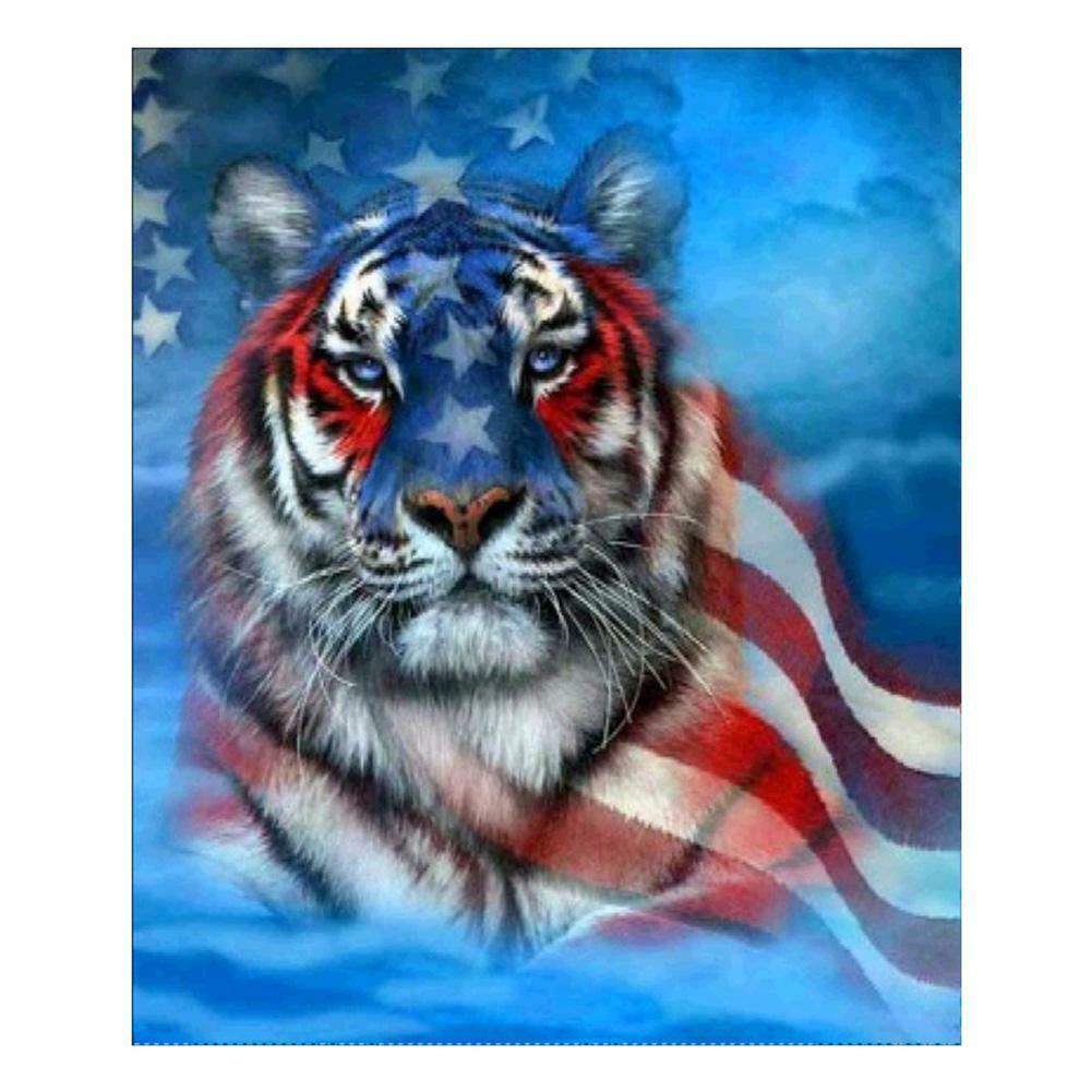 The US Flag Tiger 5D Full Drill Round Diamond Painting Embroidery Kits Gift @
