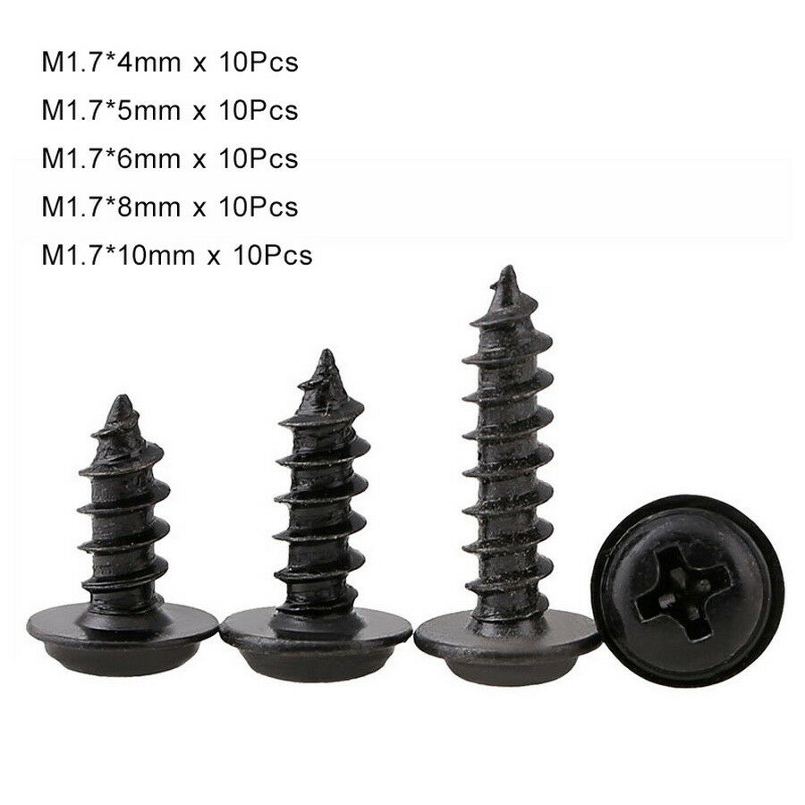 50Pcs M1.7* 4-10mm Phillips Pan Head Washer Self Tapping Screws kit Zinc Black