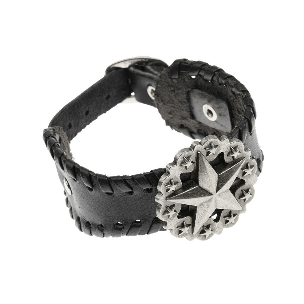 Black Retro Braided Mens Wide Leather Wristband Pentagrams Bangle Bracelet