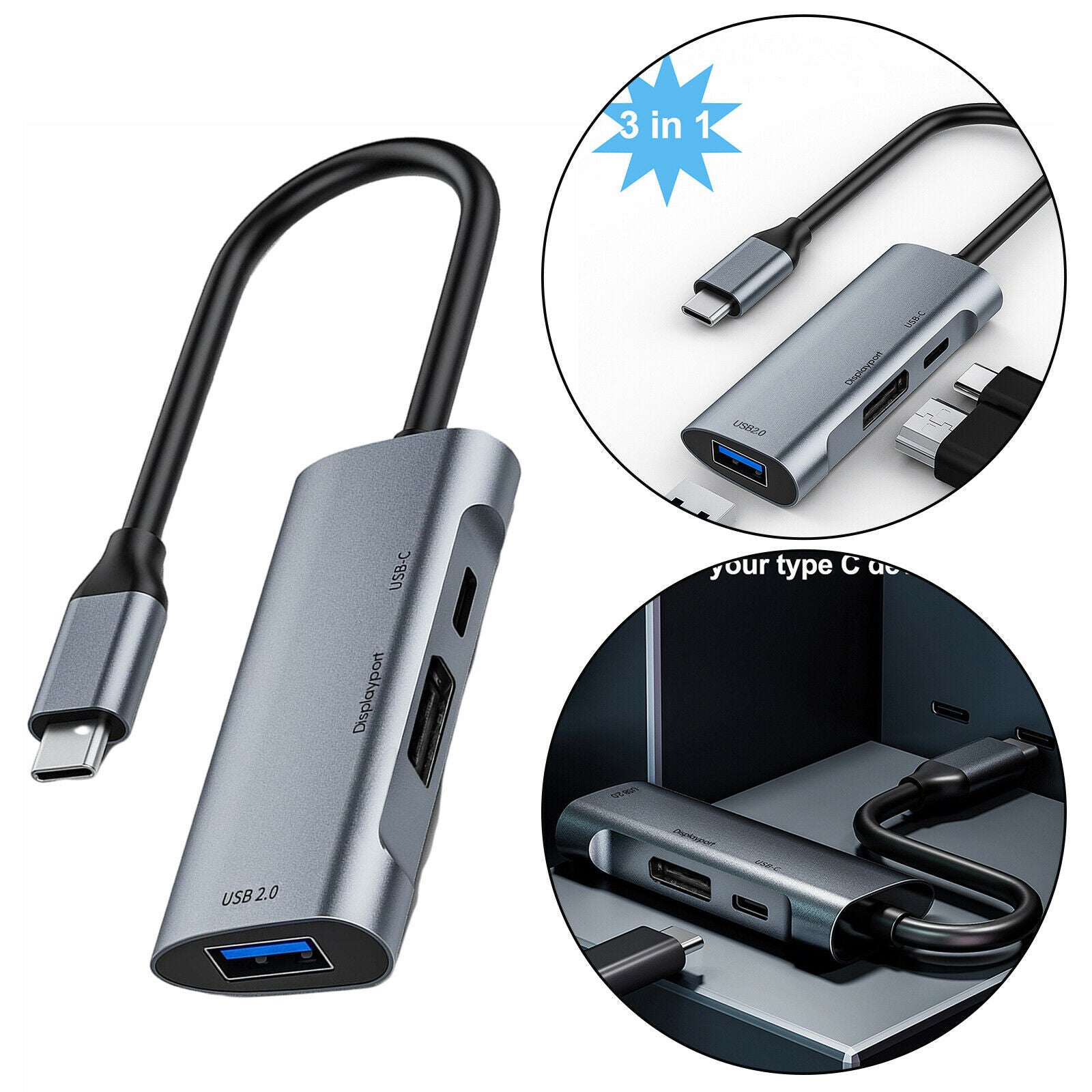 USB C to Display Adapter 480Mbps 60W PD Charger for MacBook Pro Smartphones