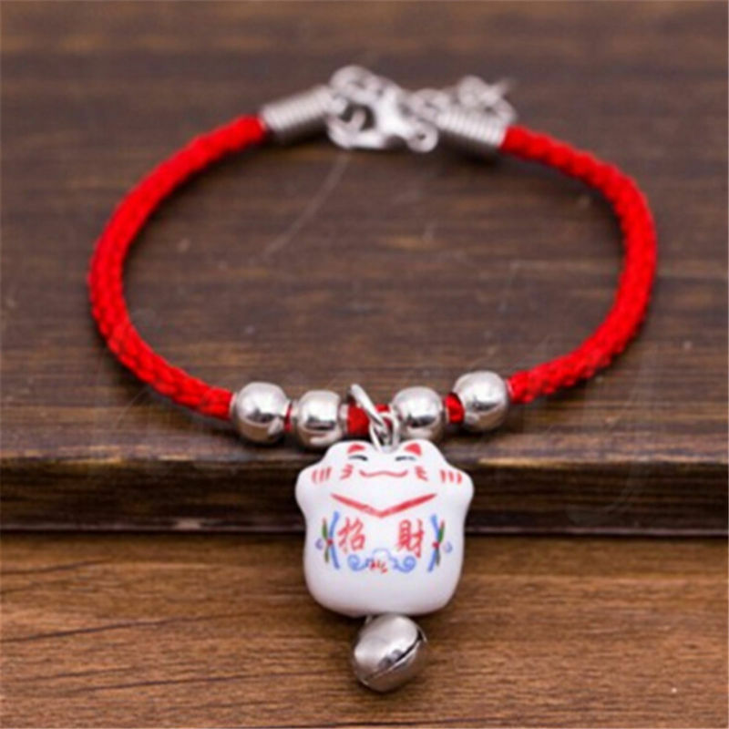 10PCS Lucky Ceramic Fortune Cat Red Rope Bracelet Pendant Fengshui Blessing Gift