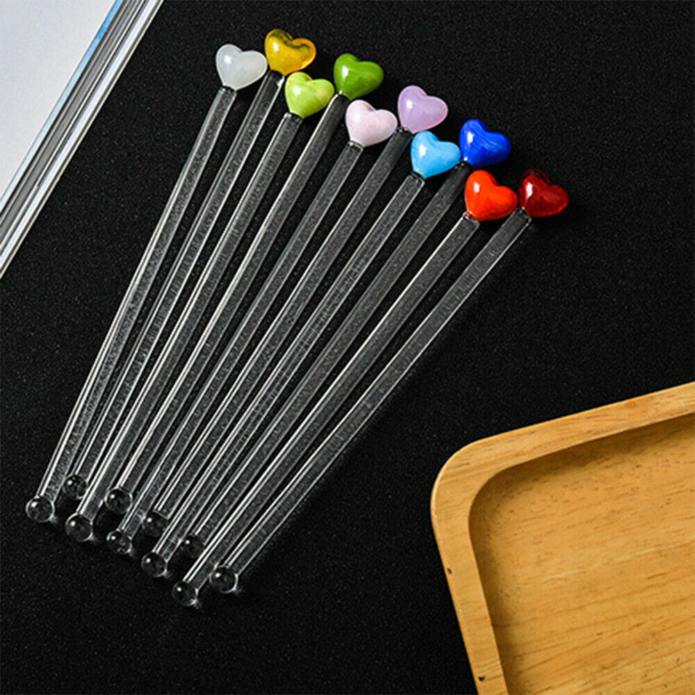4pcs Glass Stir Sticks Heart Long Handle Beverage Swizzle Cocktail Picks Party
