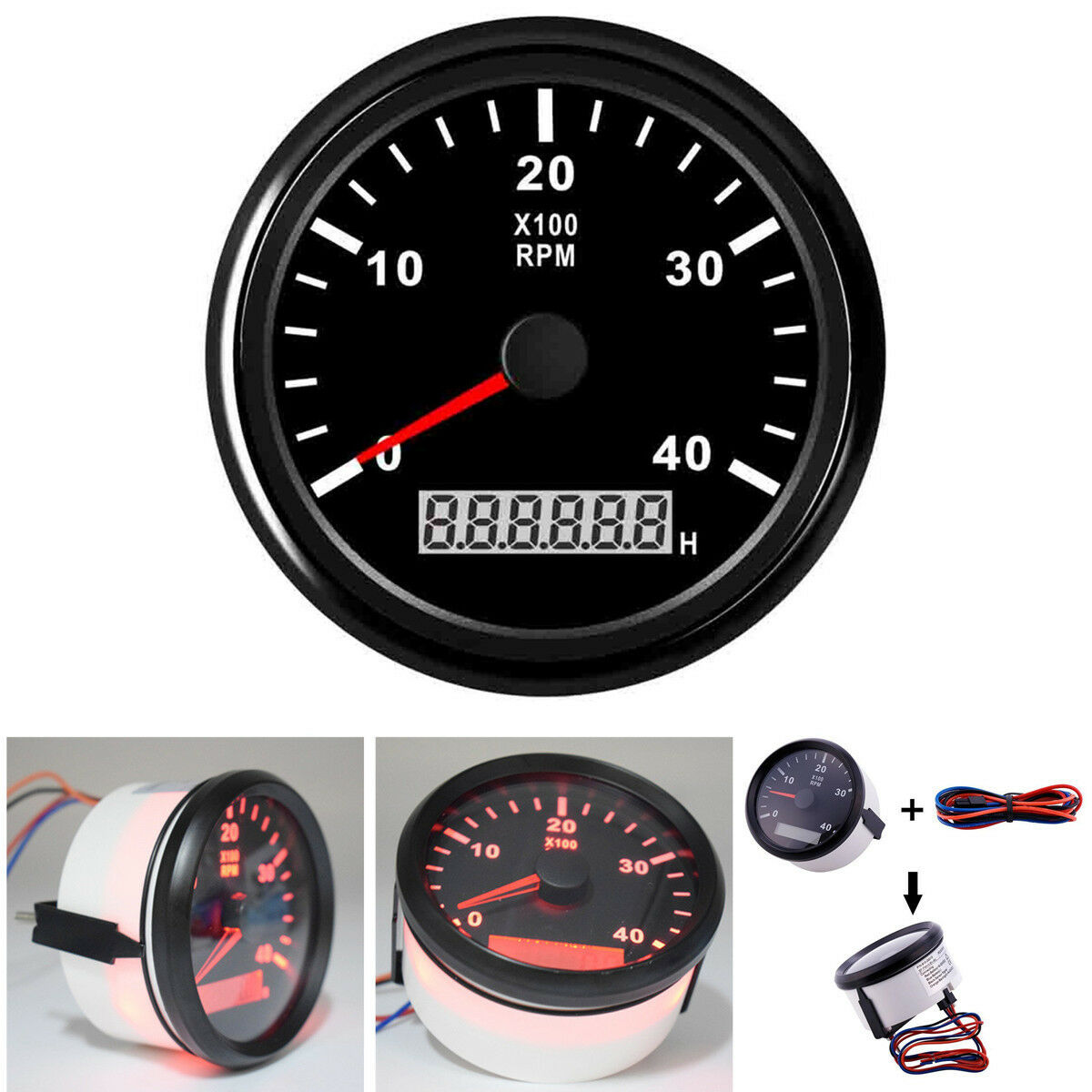 12/24V Auto Car Marine RPM Tachometer Gauge LCD Tacho Hour Meter 0-4000 RPM 85mm