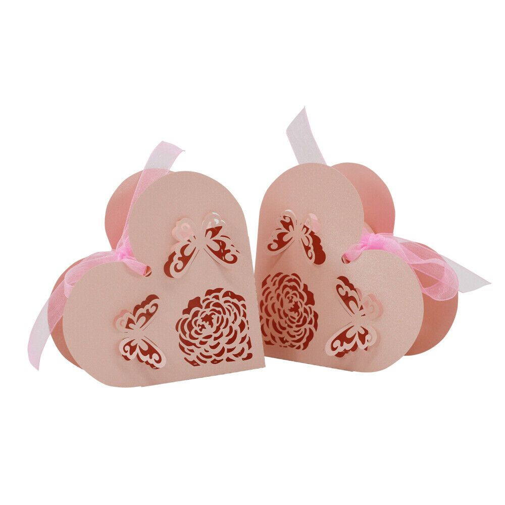 50pcs Paper Love Heart Hollow Candy Boxes Ribbon Wedding Party Favors Pink
