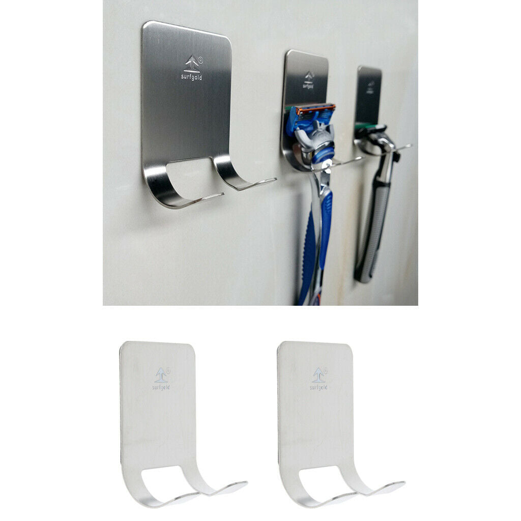2 Stainless Steel Razor Holder Rack Adhesive Shaver Double Hook Hanger Stand