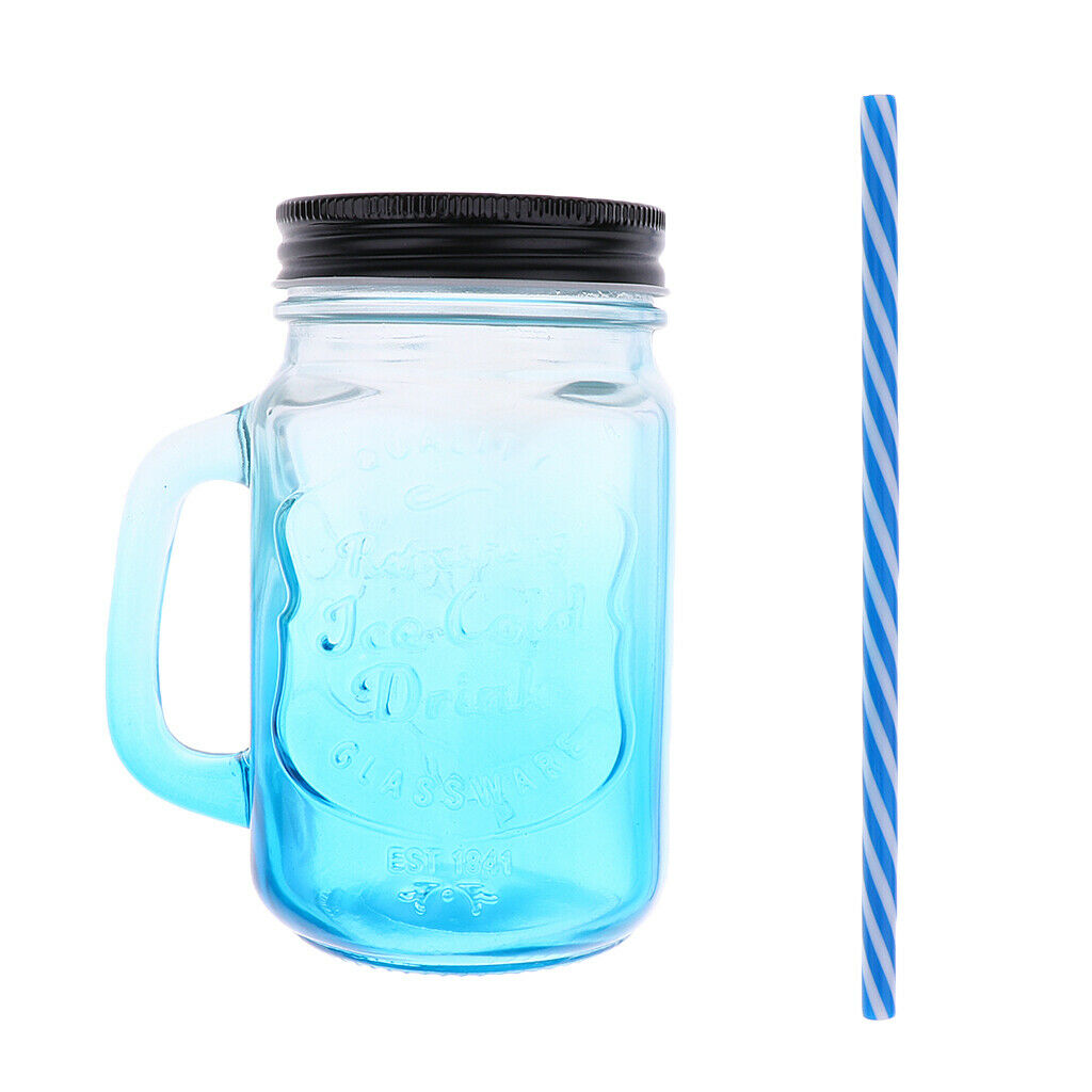 2Pcs/Set Retro Gradient Color Jars Mugs Glass w/ Handles Lids & Straws Gifts