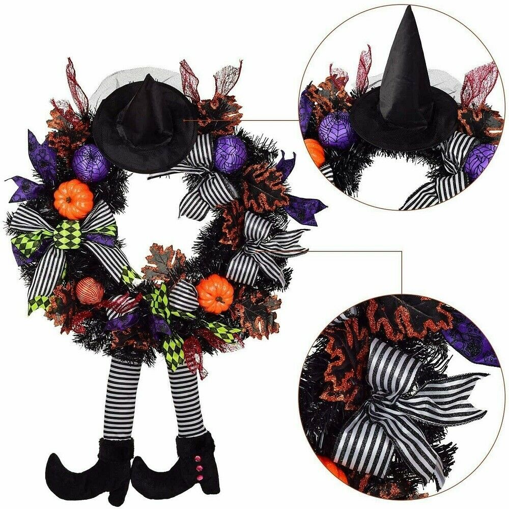 24 Inch Witch Halloween Wreath with Hat Legs Pumpkin Wreath Door Wall Decor