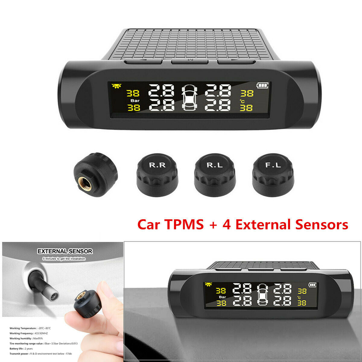 Battery Digital LCD Auto Car Security Alarm TPMS Tyre Pressure Monitoring System