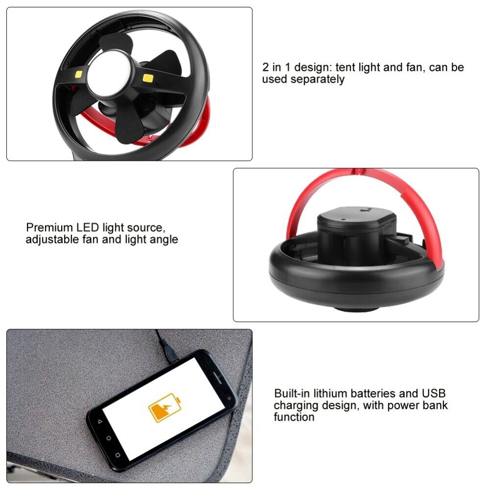 Rechargeable Outdoor Camping Portable LED Fan Light Hanging Tent Fishing Lamp