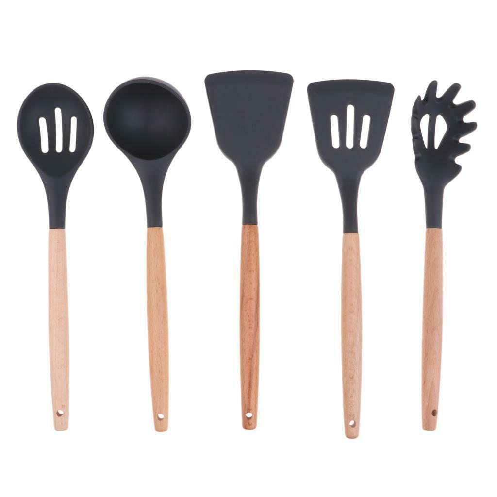 Outdoor Camping Kitchen Utensil Set Silicone Cooking Tool with Wood Handle B