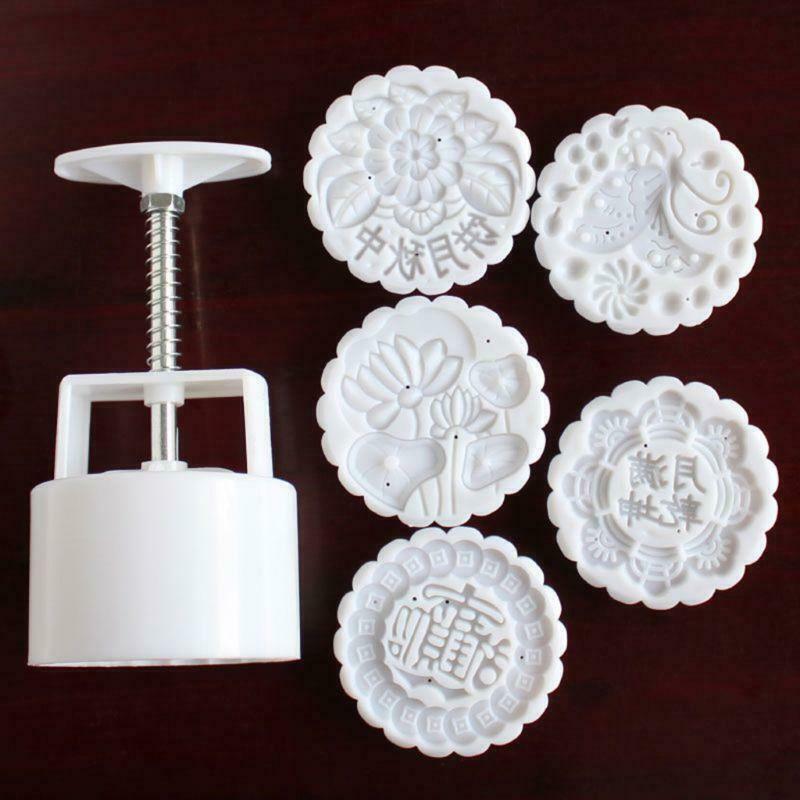 5pcs Hand Press Cookie Stamp Moon Cake Decor Mould Barrel Mooncake Mold 125g DIY