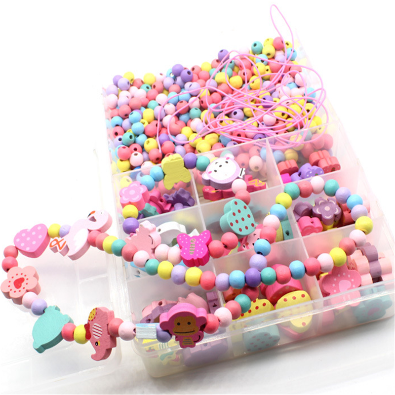 Children Flex Necklace Bracelet Toys Making Wooden Painted Beads Beaded Kit Set
