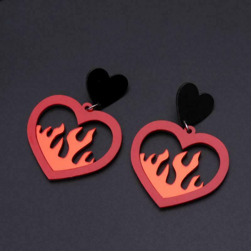 Acrylic Red Heart Fire Dangle Earrings Pendant Statement Women Fashion Jewelry