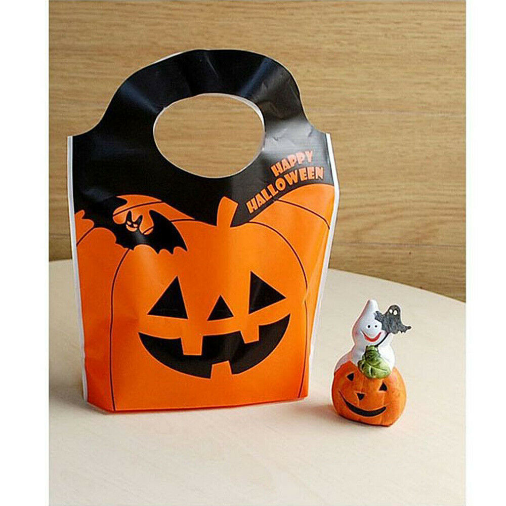 50x Happy Halloween Orange Pumpkin Plastic Tote Bag Trick or Treat Gift Candy