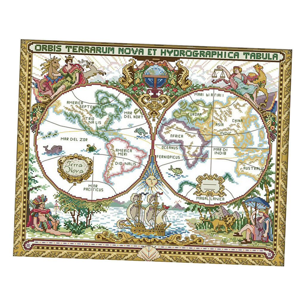 14CT 51x42cm Old World Map Stamped Cross Stitch Kit Needlework for Beginners
