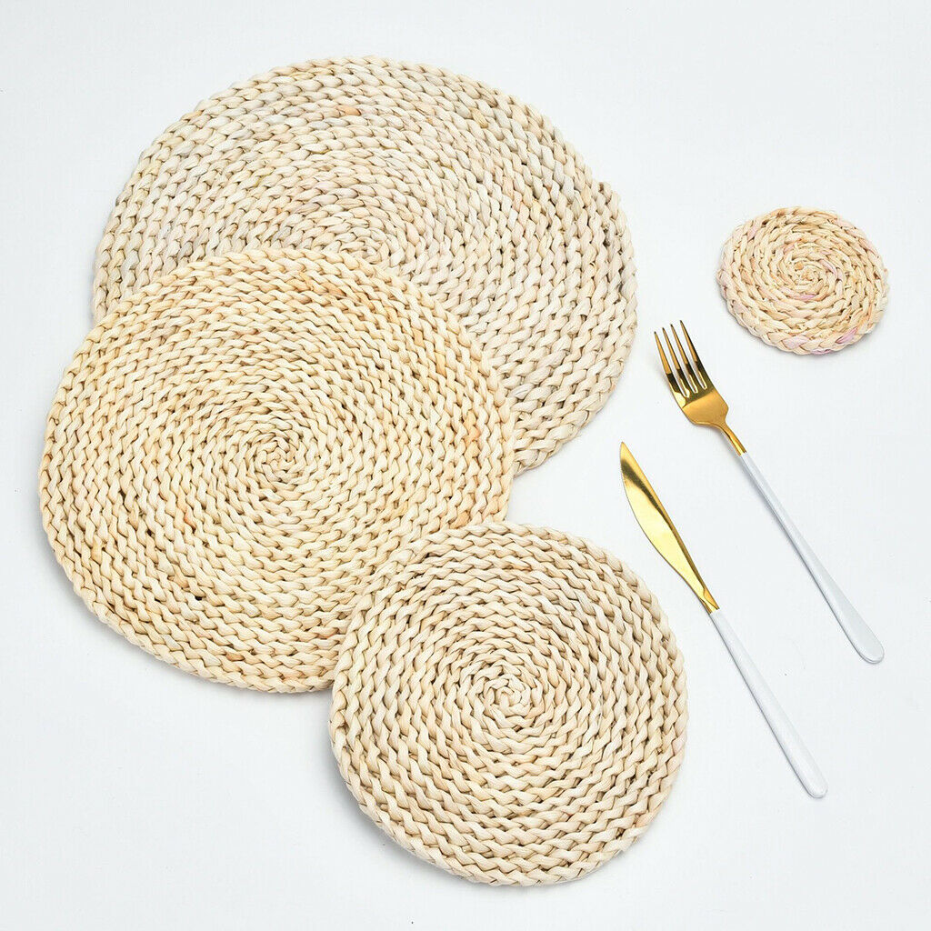 Woven Placemats Kit Corn Hulls Round Braided Rattan Tablemats Eco-Friendly