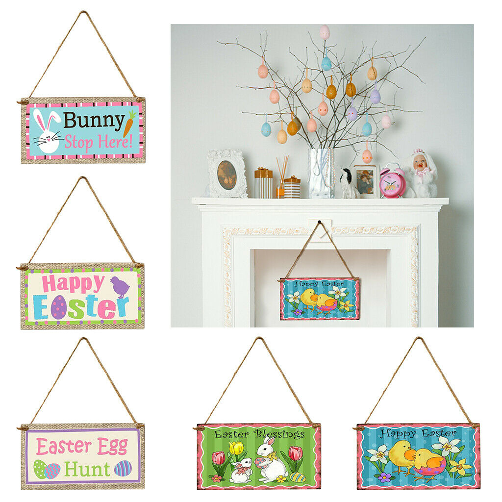 Easter Hanging Sign Pendant Ornament Bunny Wood Crafts Decor Happy Easter 1