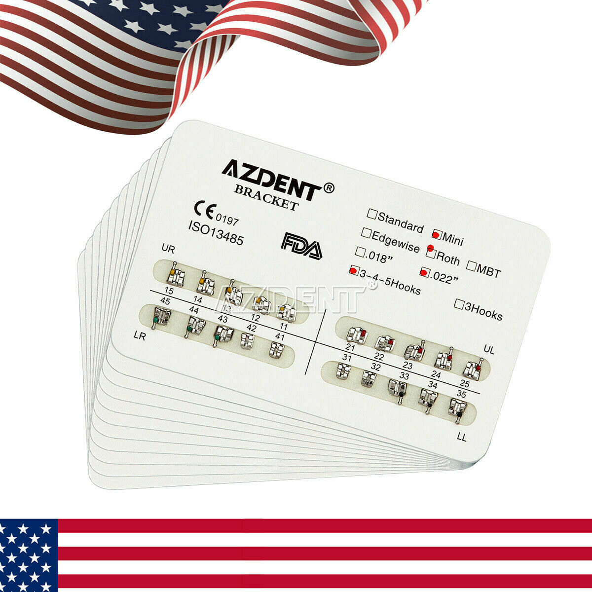50 X AZDENT Dental Orthodontic Brackets Braces Mini Roth 0.22 Slot Hooks 3-4-5