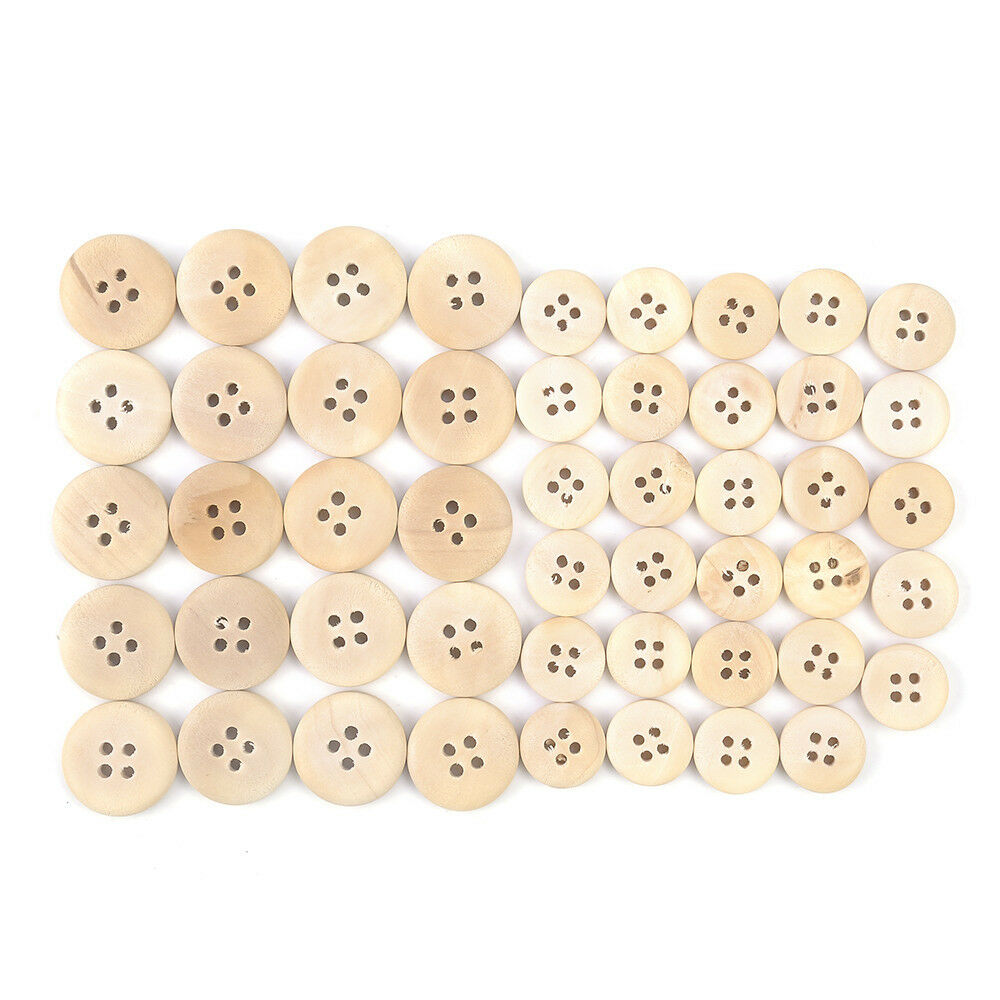 50 PCS Mixed Wooden Buttons Natural Color Round 4-Holes Sewing Scrapbooking Set