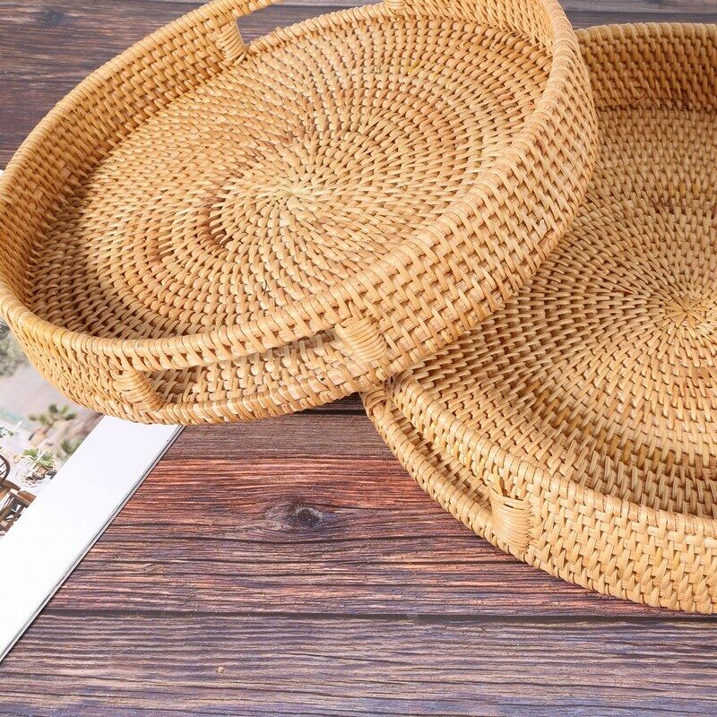 Rattan Handwoven Round High Wall Seve Tray Food Storage Platters Plate over HaE4