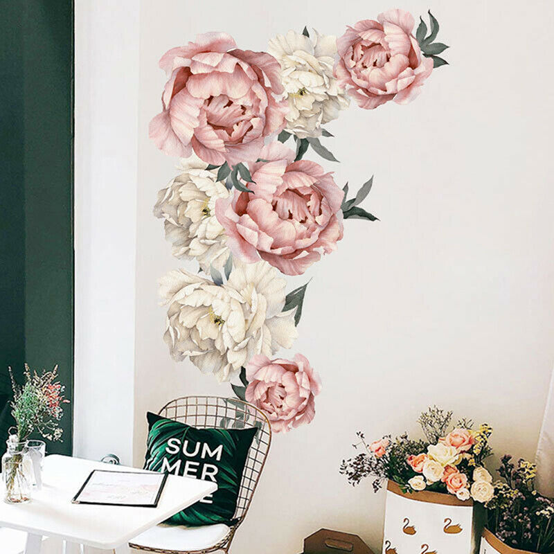 Pink Peony Flower Wall Stickers Romantic Home Decor for Bedroom Living Ro.l8
