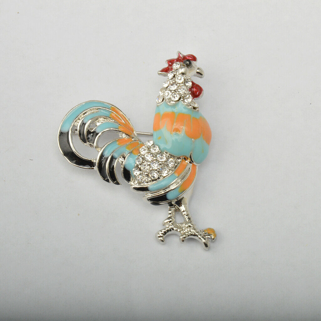Retro Crystal Rhinestone Cock Rooster Animal Brooch Pins Christmas Blue