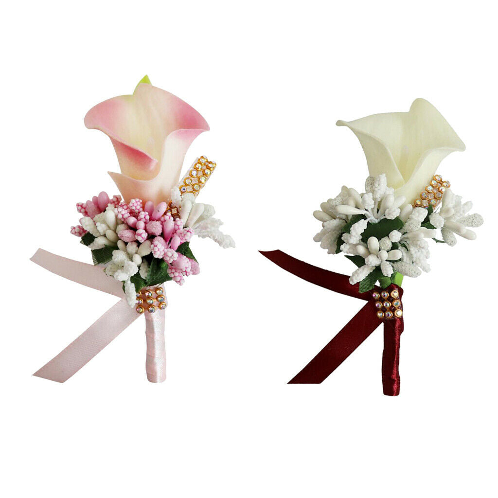 2Pcs Cute Calla Berry Rhinestone Groom Bridal Wedding Corsage Peach 2 Colors