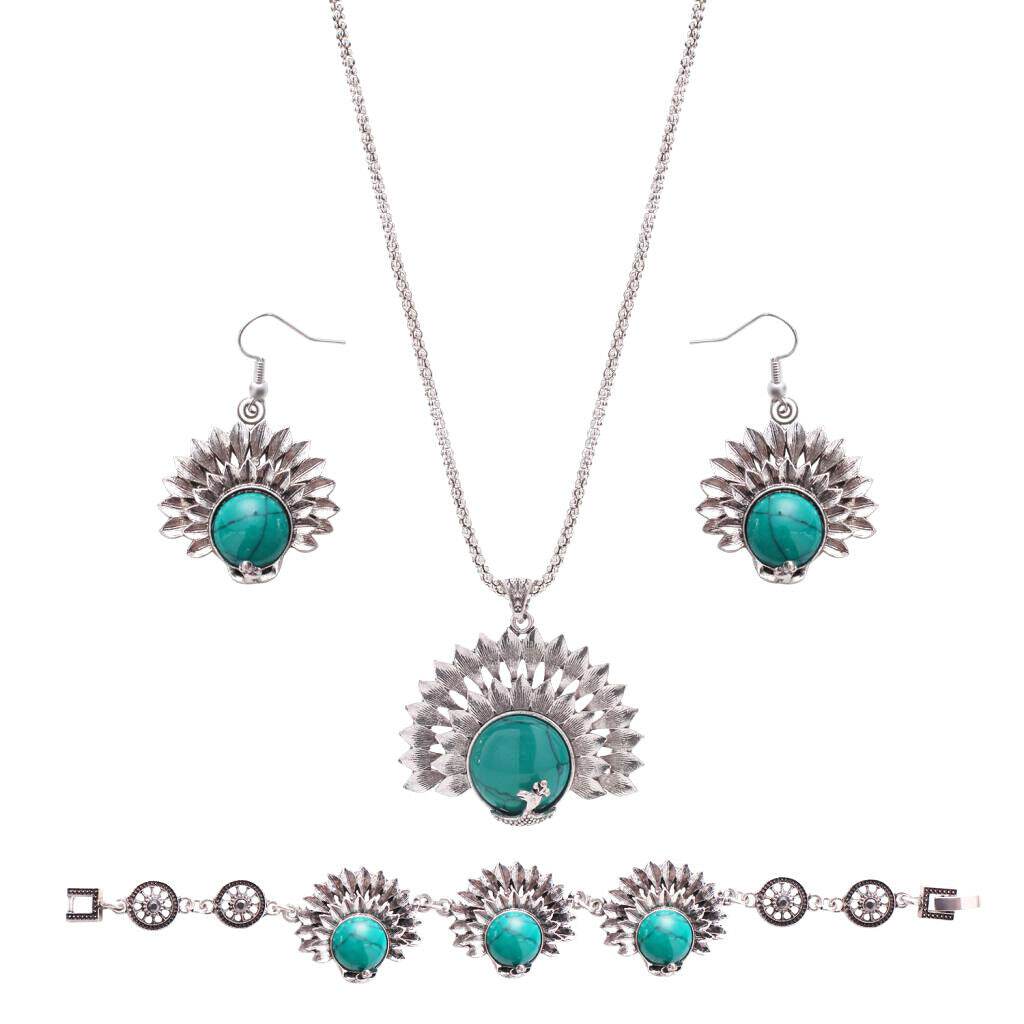Turquoise Stone Pendant Necklace Earrings Bracelet Jewelry Set Peacock Green