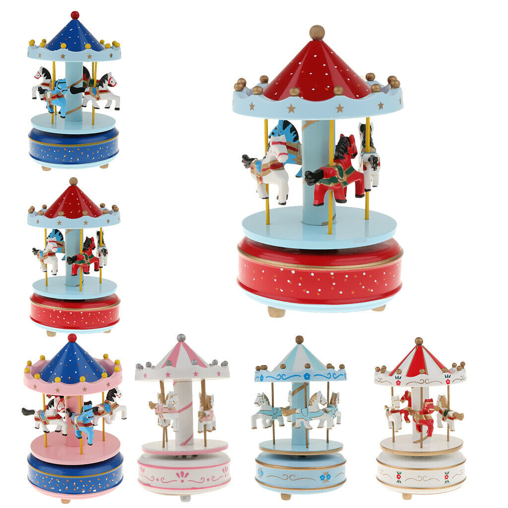 Wooden Merry-GO-Round Carousel Music Box  Wind Up Music Box  Pink