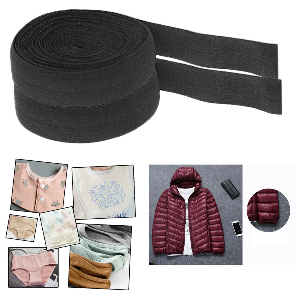 2Pcs 10m 2cm Flat Bias Binding Black Elastic Rope Heavy Stretch for Clothing