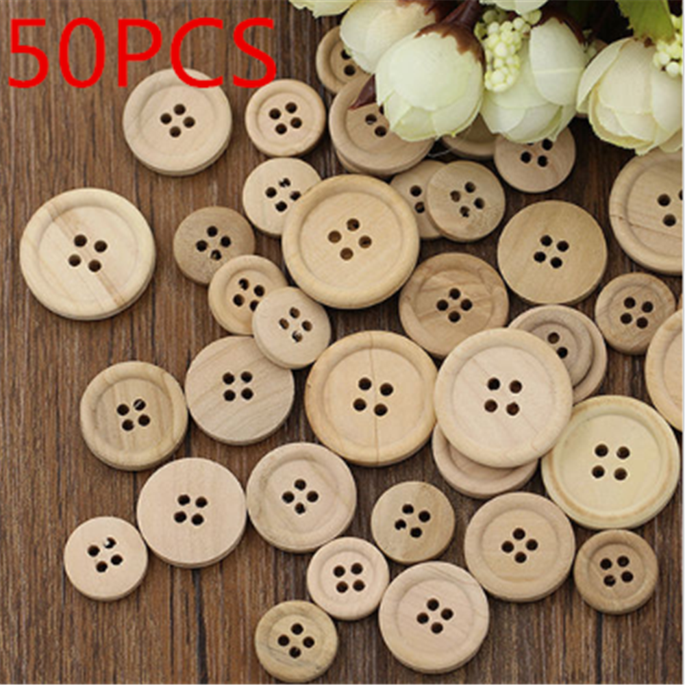 50 PCS Mixed Wooden Buttons Natural Color Round 4-Holes Sewing Scrapbooking Set