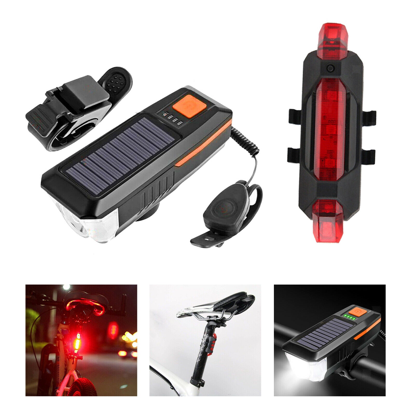 2PCS Bicycle Solar Power/USB Head Light Waterproof Warning Tail Lamp Set