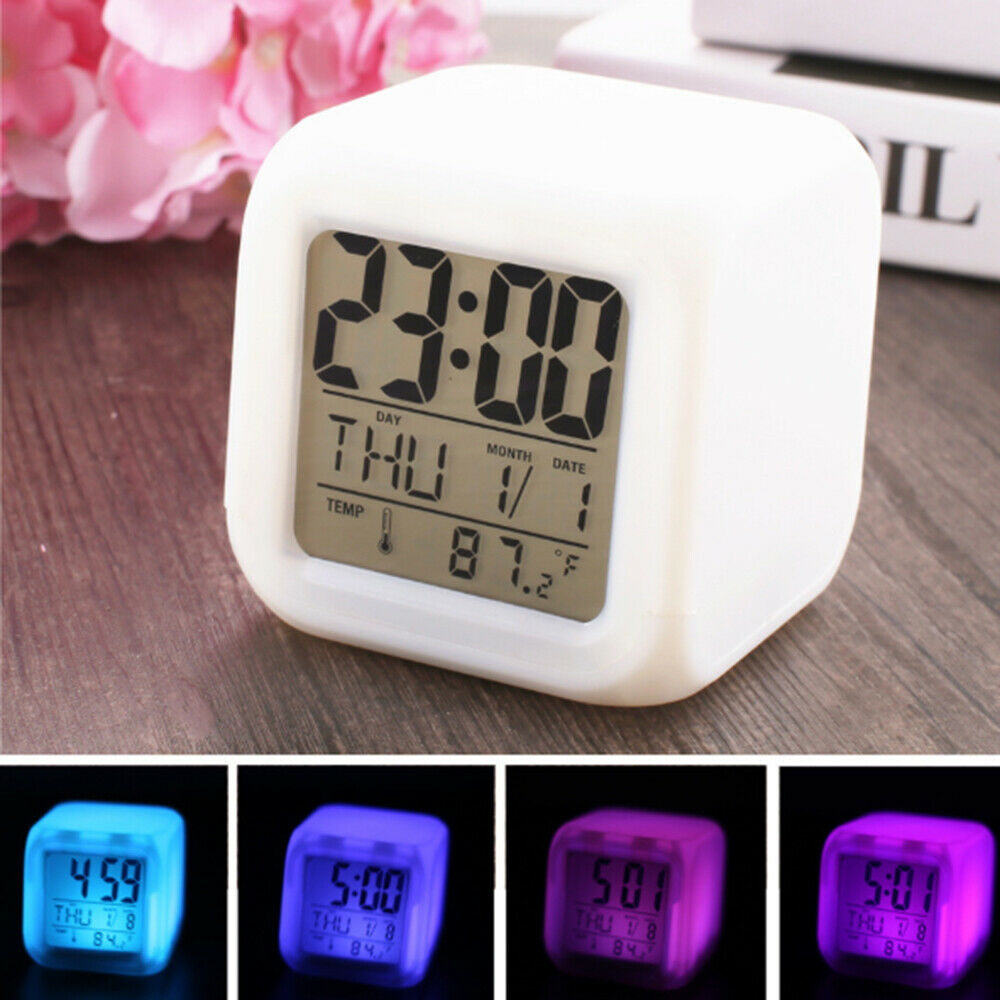 7 Color Glowing Change LED Digital Alarm Clock Thermometer Table Cube Clock Time