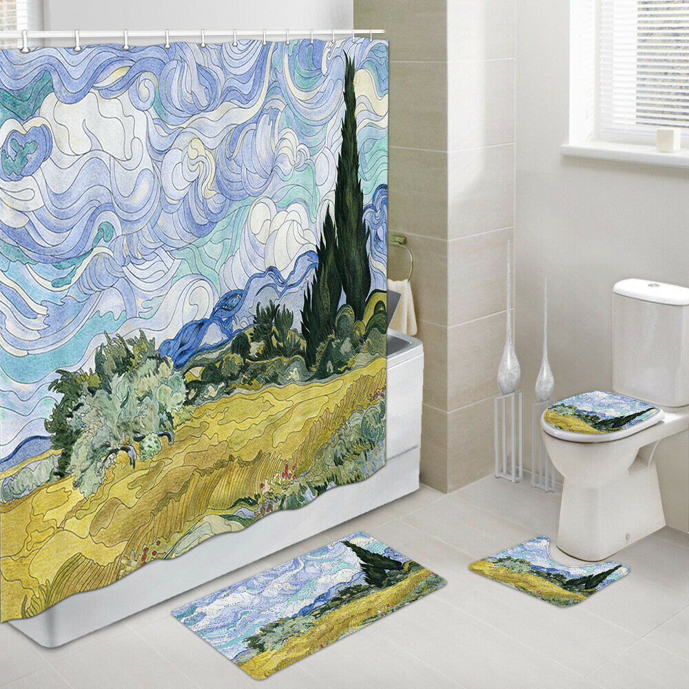 Autumn Harvest Scene Shower Curtain Set Bath Rug Toilet Lid Seat Cover 4PCS-Set
