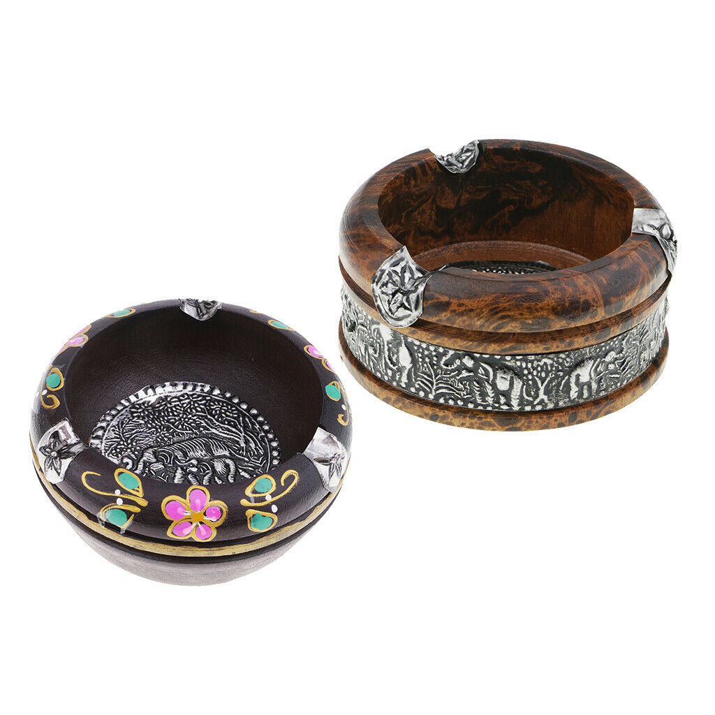 2x Leopard/Painted Print Solid Wooden Ashtrays Round Thailand Style Ashtrays