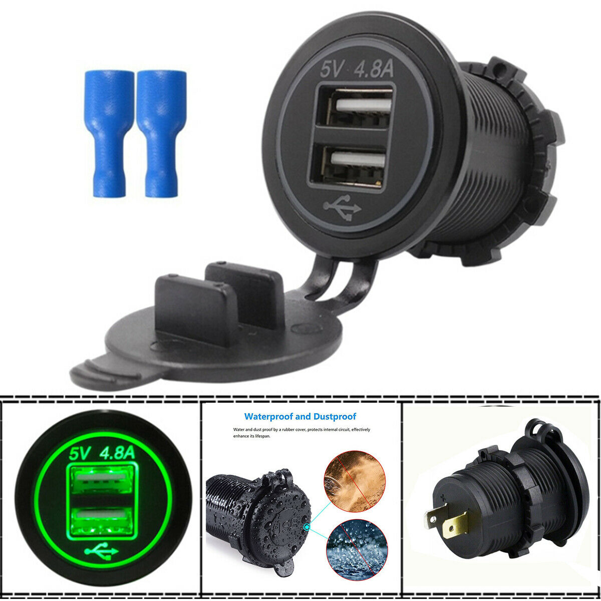 12V Cigarette Lighter Socket 2.4A Dual USB Charger Power Adapter Car Motorcycle