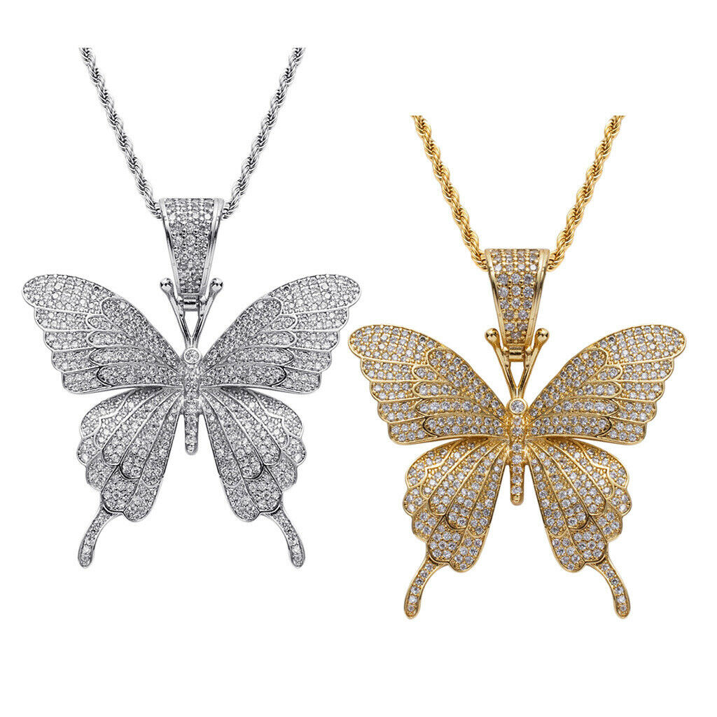 2x Charm Jewelry Zircon Butterfly Pendants Necklace Hip Hop Chain Unisex